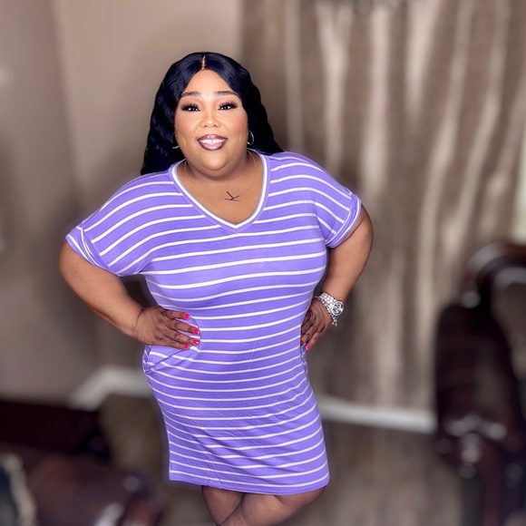 Lilac Stripe Rolled Short Sleeve V-Neck Dress - Picture 2 of 2